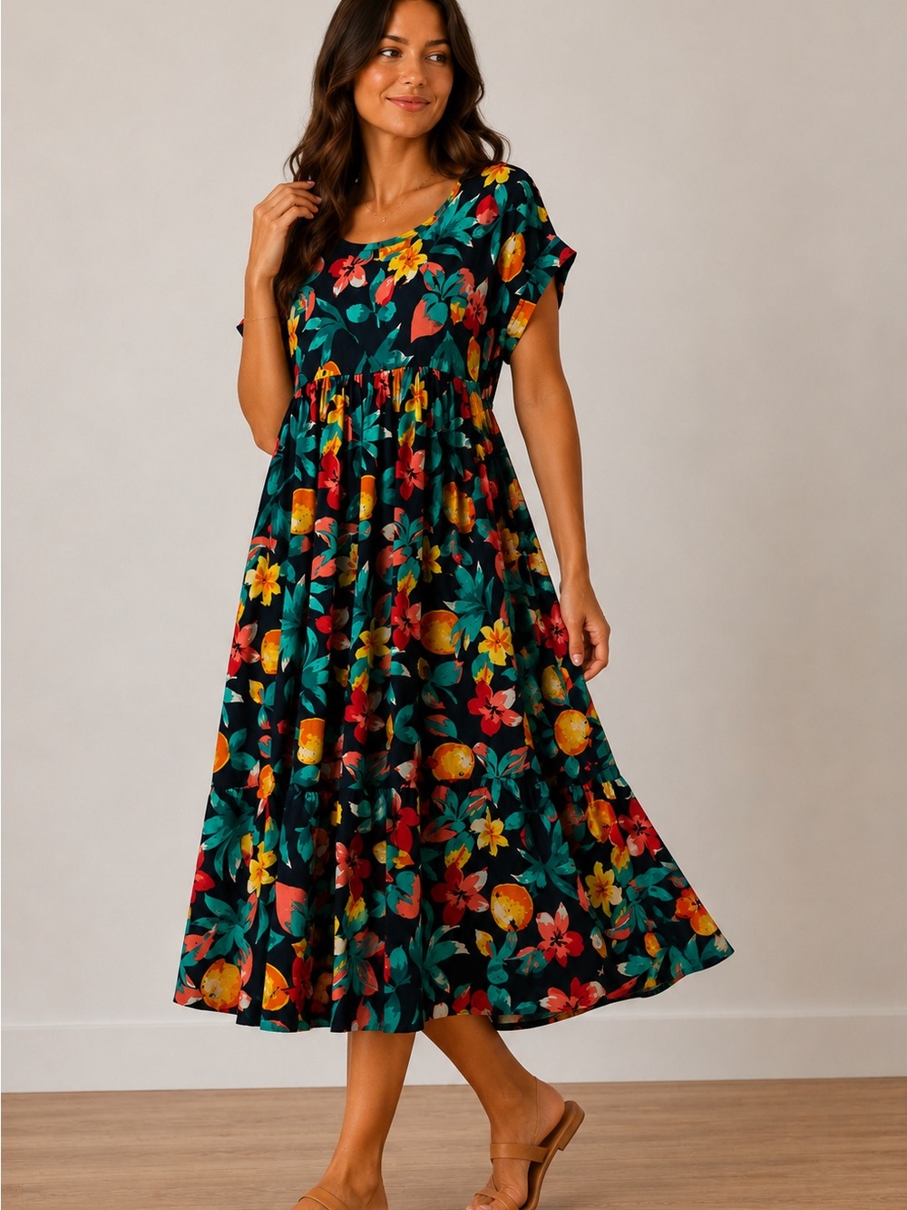 Tropical Fruit Print Tiered Midi Dress ULTIMATE SUMMER Size M - Picture 15 of 15